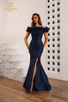 242E3102 Mikado Off-Shoulder High Slit Long Trumpet Dress