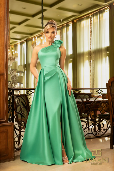 Front View of Asymmetric Emerald Ballgown Dress having One-Shoulder