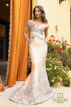 Front View of Sweetheart Off-Shoulder Dress in Champagne Denim