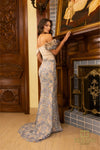 242E3143 Jacquard Off-Shoulder Slate Gold Trumpet Dress
