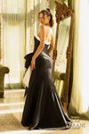 Back View of White Black Strapless Column Dress with Front Side Left Slit