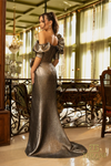 Back View of Mercury Column Off-Shoulder Dress with Front Side Left Slit