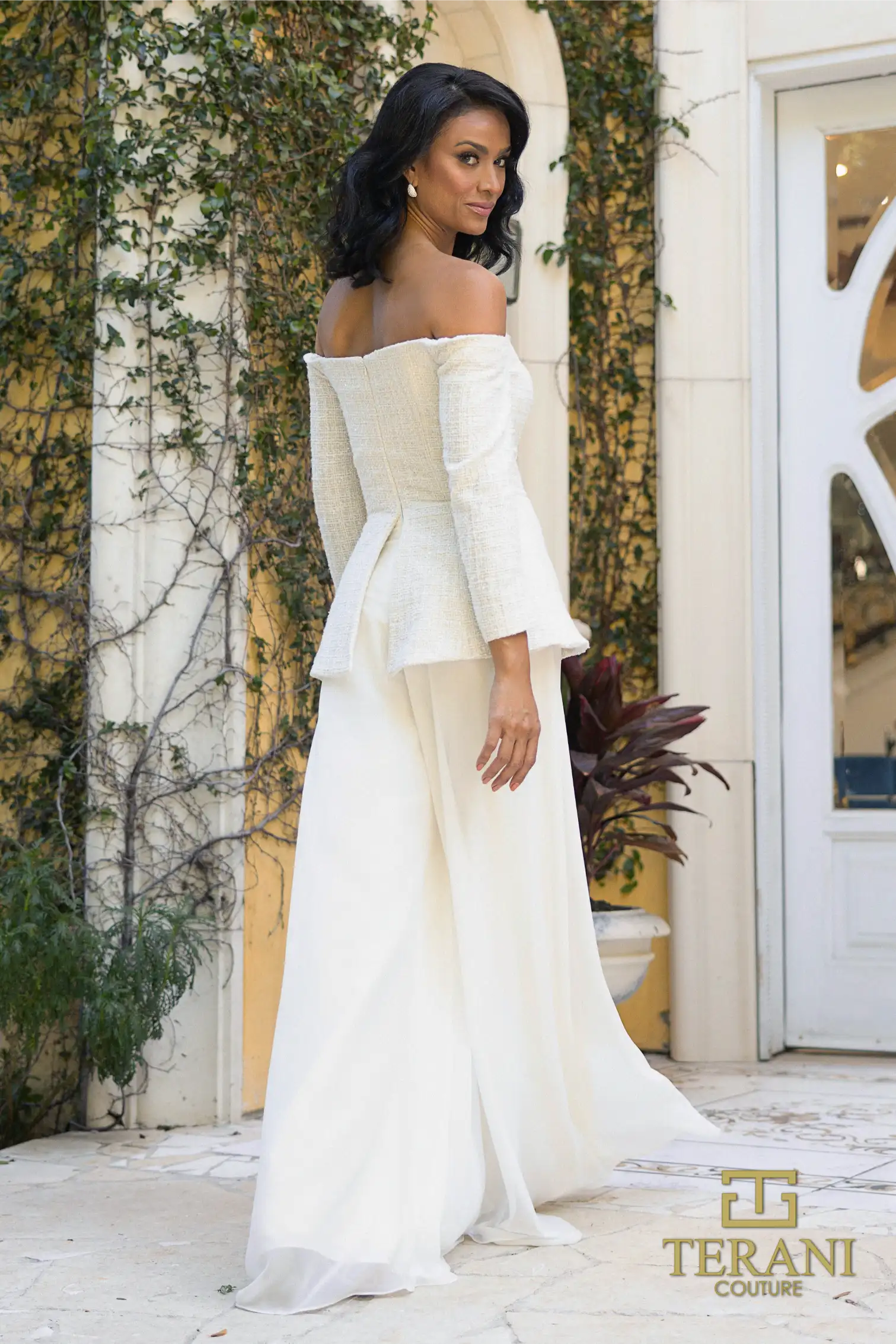 242E3185 Metallic Lace Off-Shoulder A-Line Evening Dress 242E3185 Metallic Lace Off-Shoulder A-Line Evening Dress