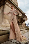 242GL3219 Tulle Long Sleeves High Slit A-Line Dress