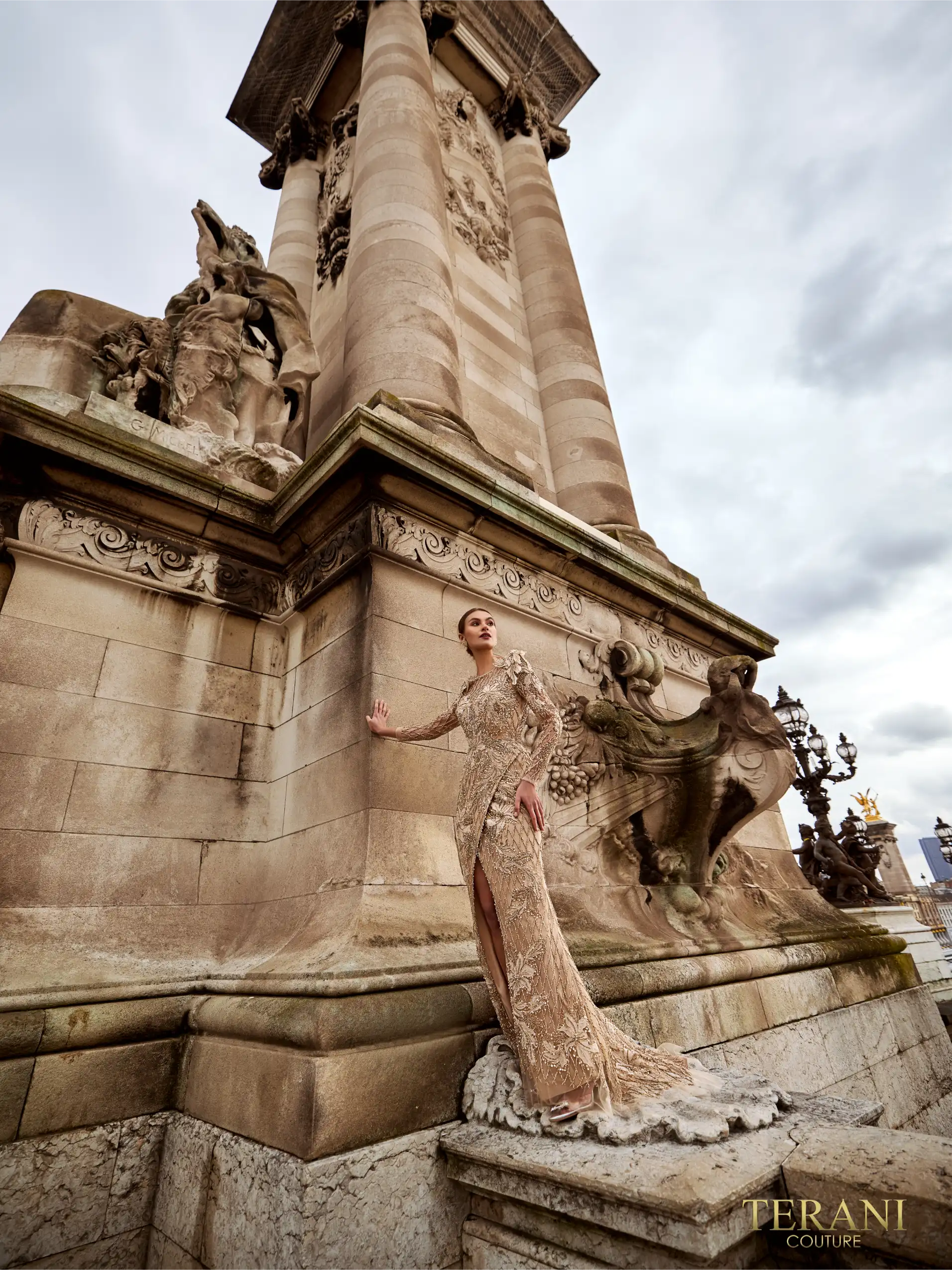 Champagne Gold Long Sleeves Front Slit Dress
