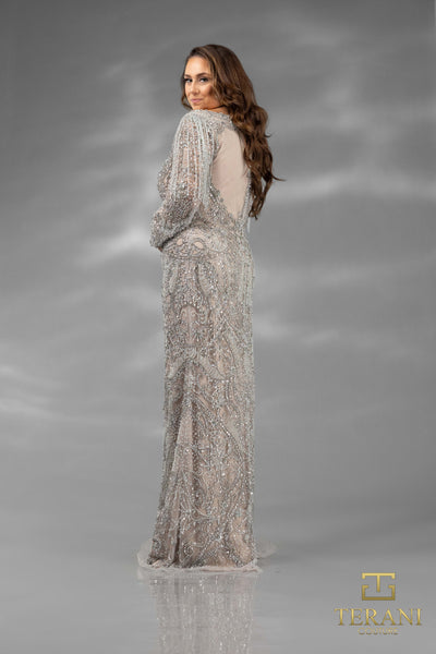 242GL3241 Tulle Long Sleeves Back Slit Column Dress