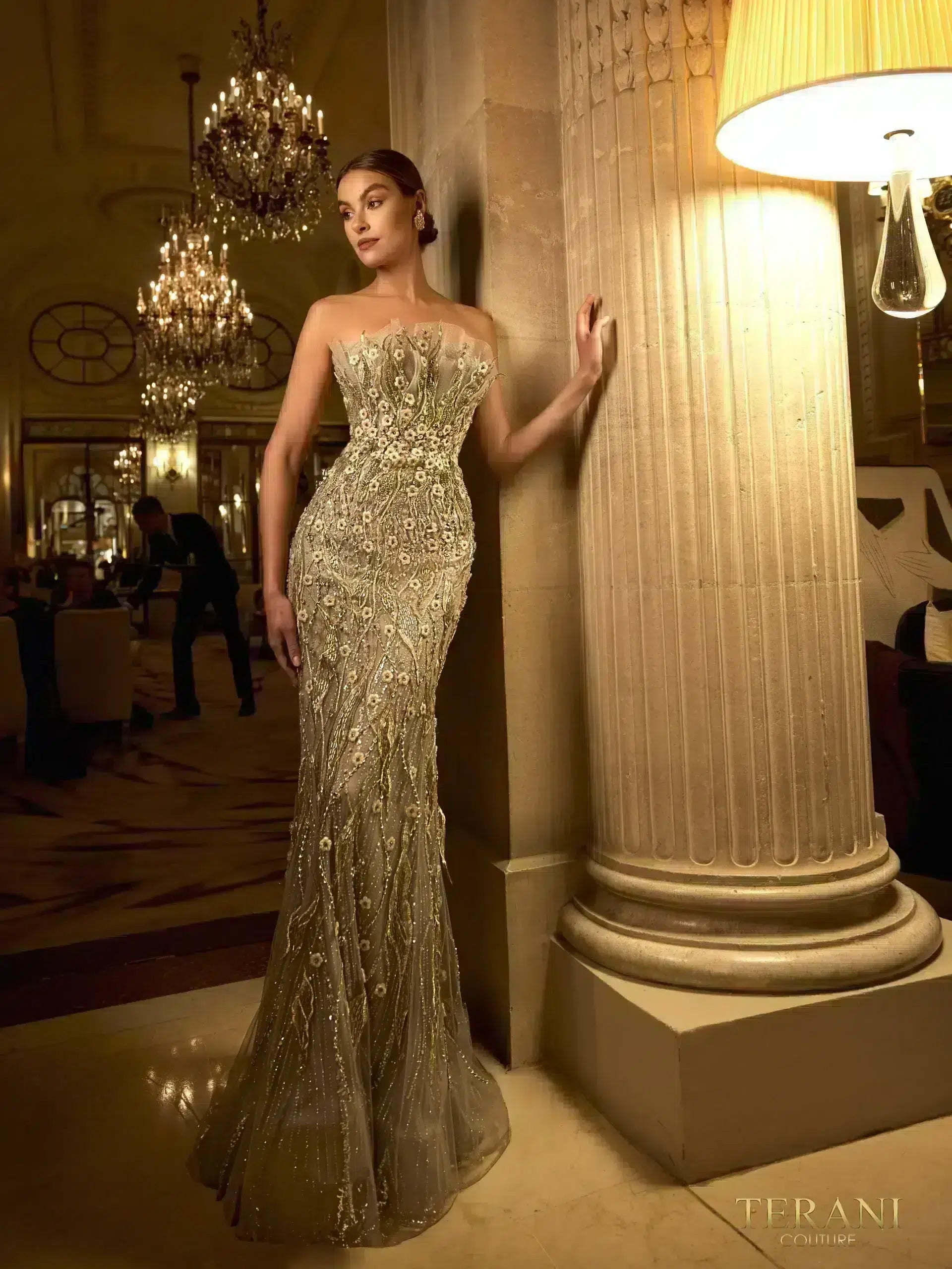 242GL3248 Tulle Halter Neckline Strapless Long Dress