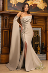 One Shoulder Front Slit Taupe Trumpet Dress
