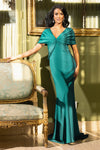 242M3315 Stretch Satin V-Neck 3/4 Sleeves Long Column Dress