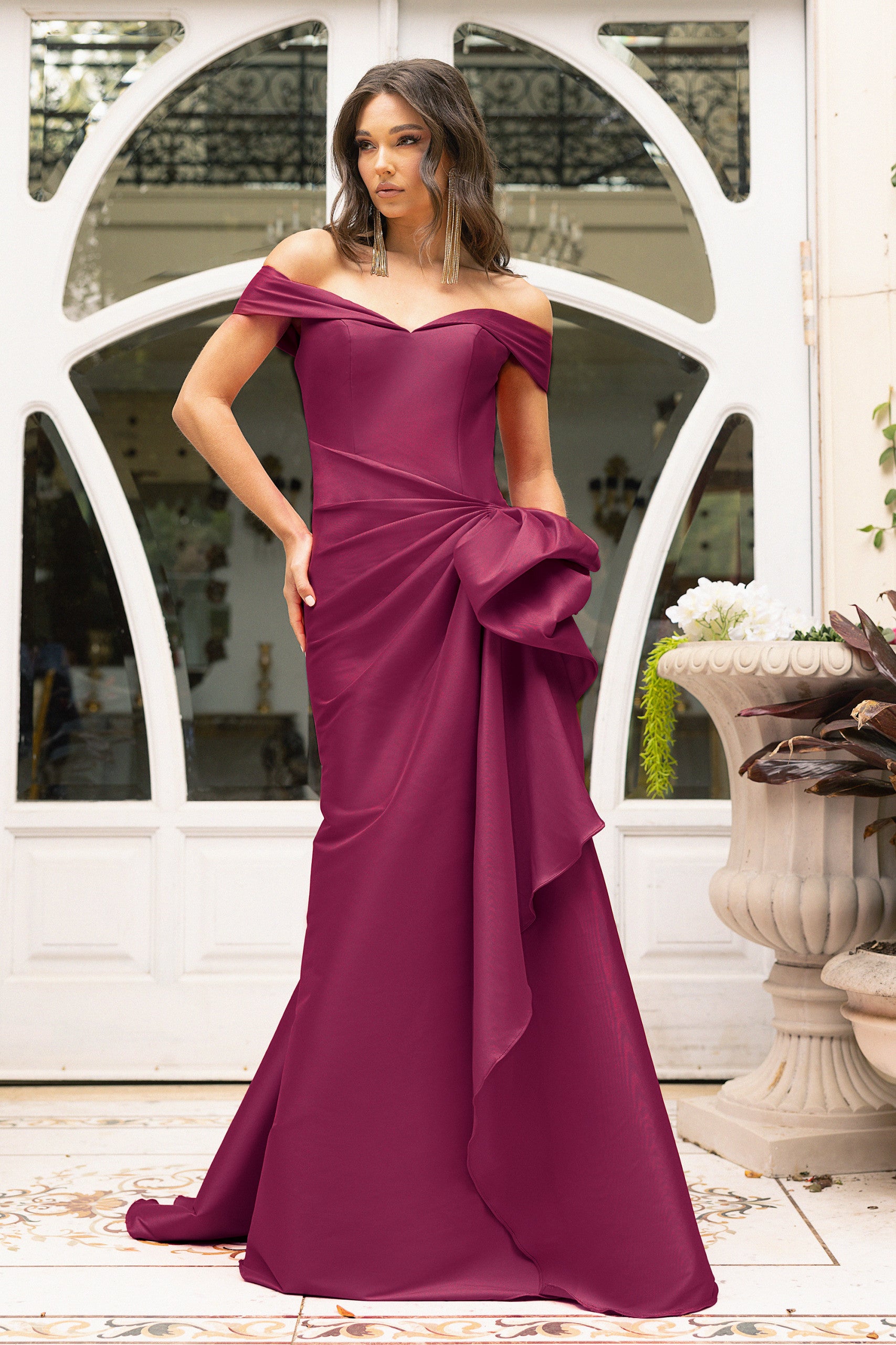 242M3335 Stretch Mikado Off-Shoulder Long Column Dress