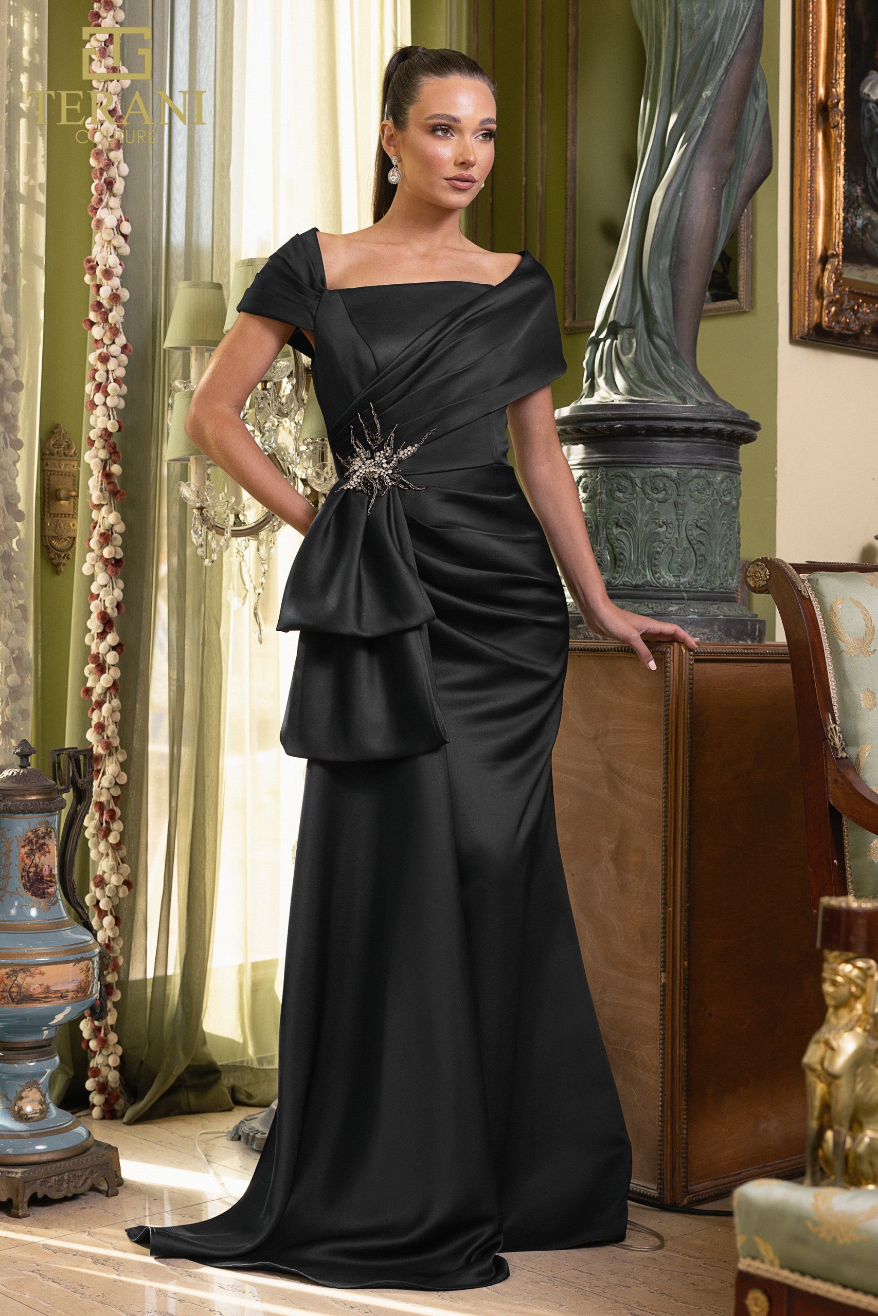 242M3338 Matte Satin Cap Sleeves Long Column Dress