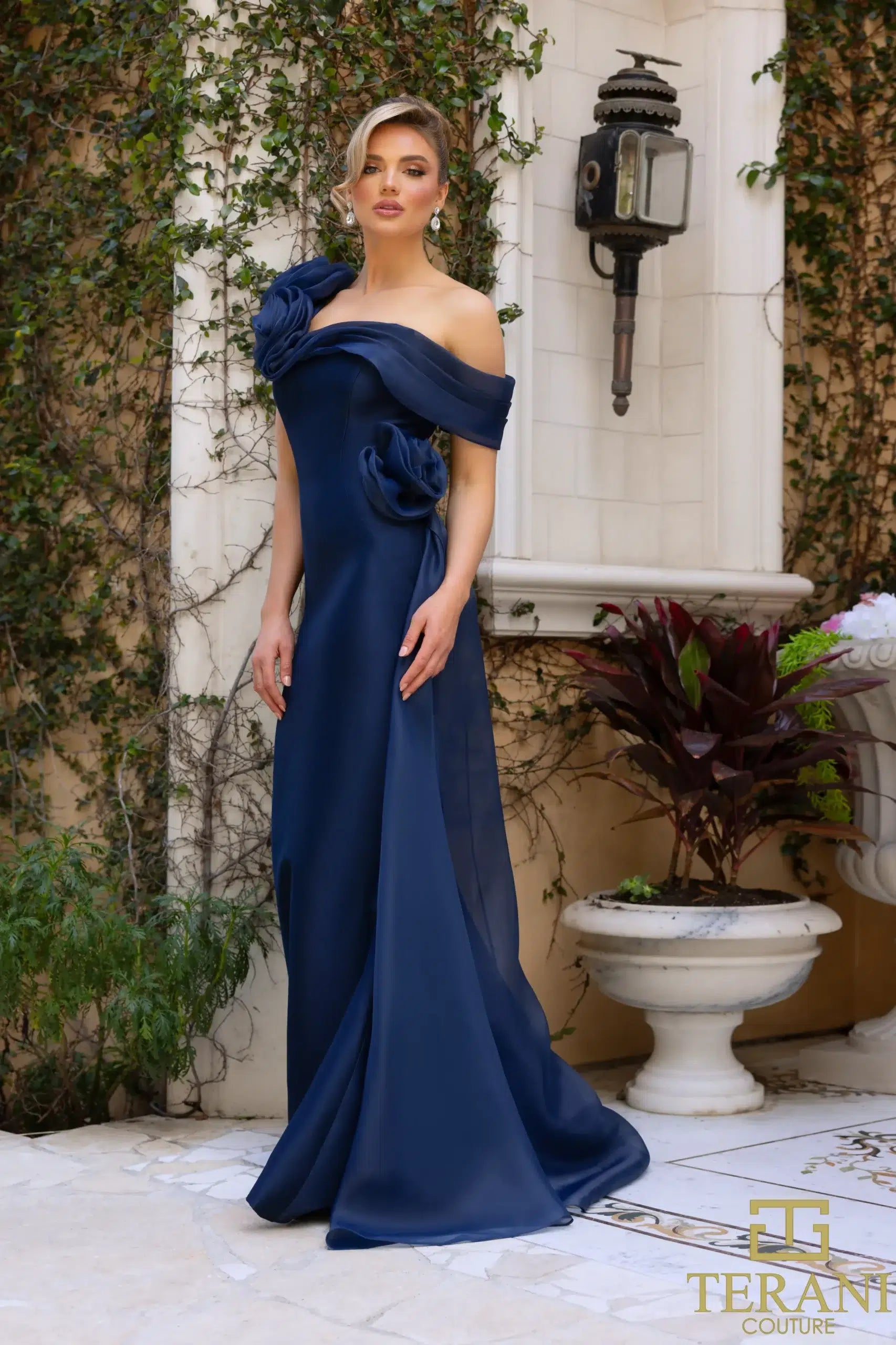 242M3342 Stretch Mikado Off-Shoulder Asymmetrical Slim Dress