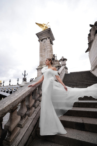 242M3342 Stretch Mikado Off-Shoulder Asymmetrical Slim Dress