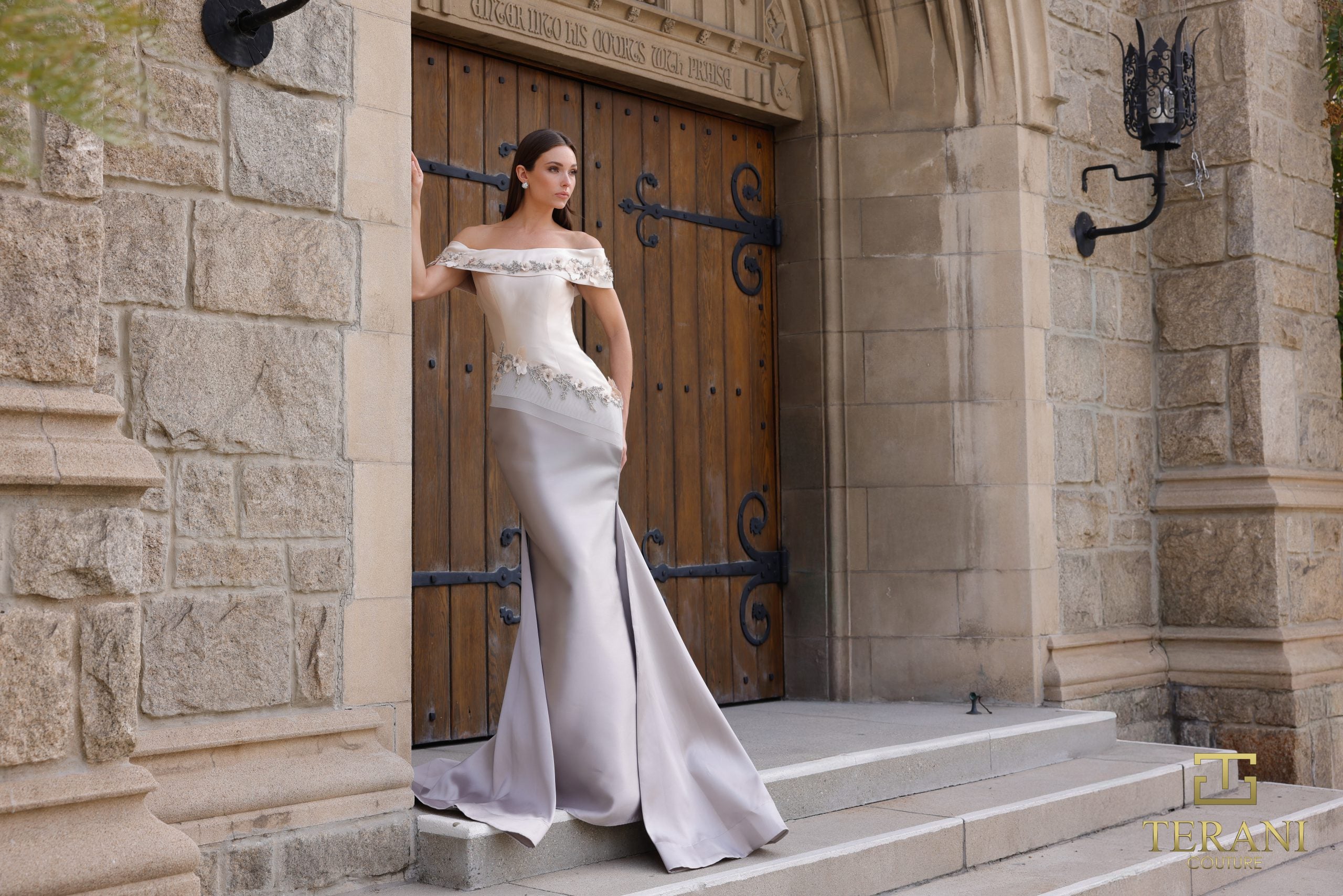 mikado maxi dress 242M3356 Mikado Off-Shoulder Long Trumpet Dress