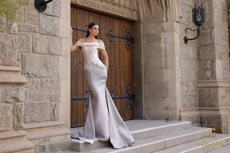 242M3356 Mikado Off-Shoulder Long Trumpet Dress