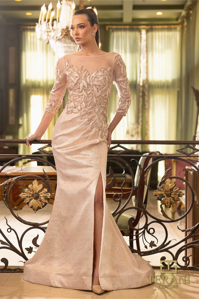 Rose Gold 3/4 Sleeves Front Slit Dress