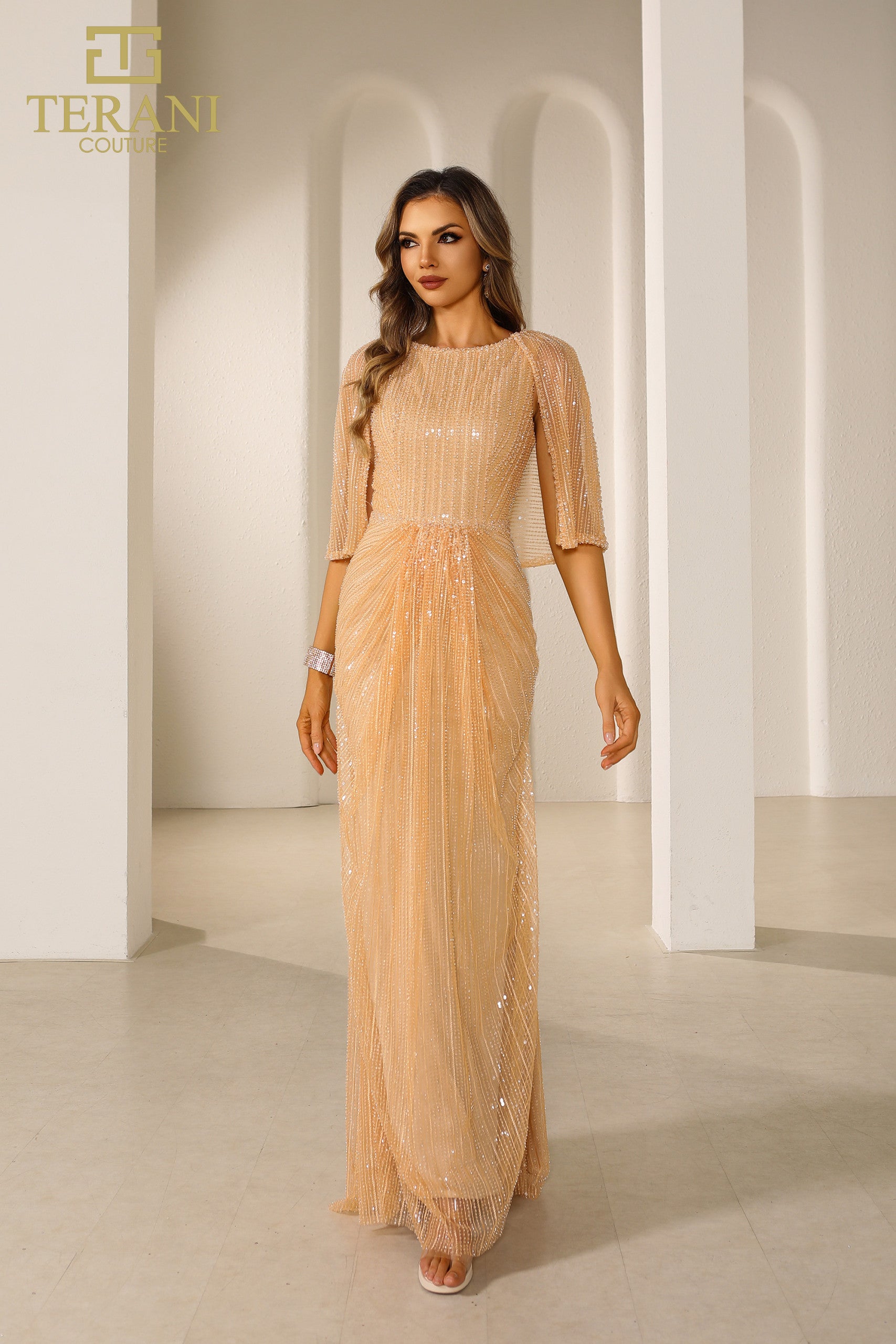 242M3375 Sequins Boat Neck Long Column Dress