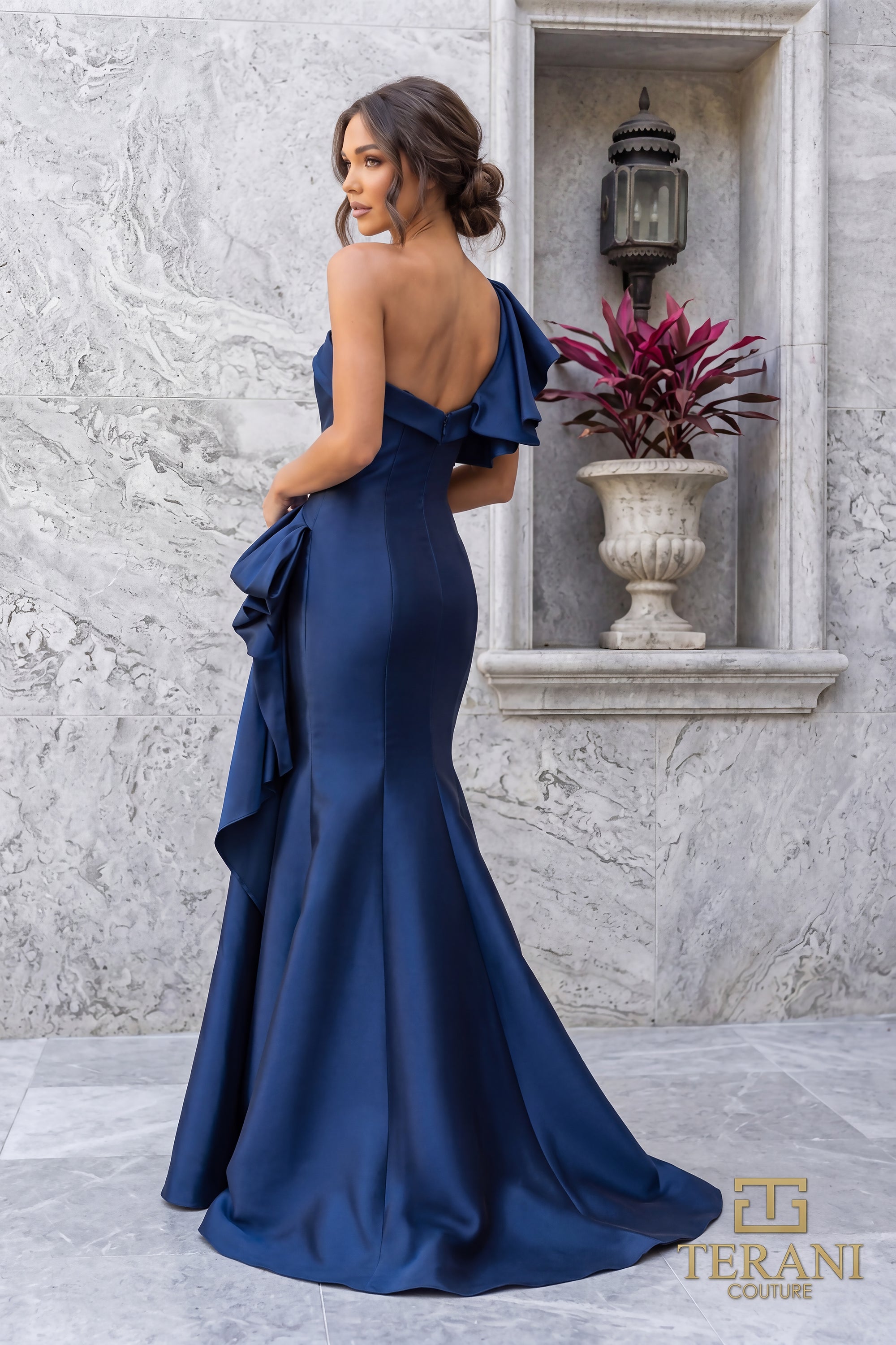 242E3117 Stretch Mikado One Shoulder Long Column Dress