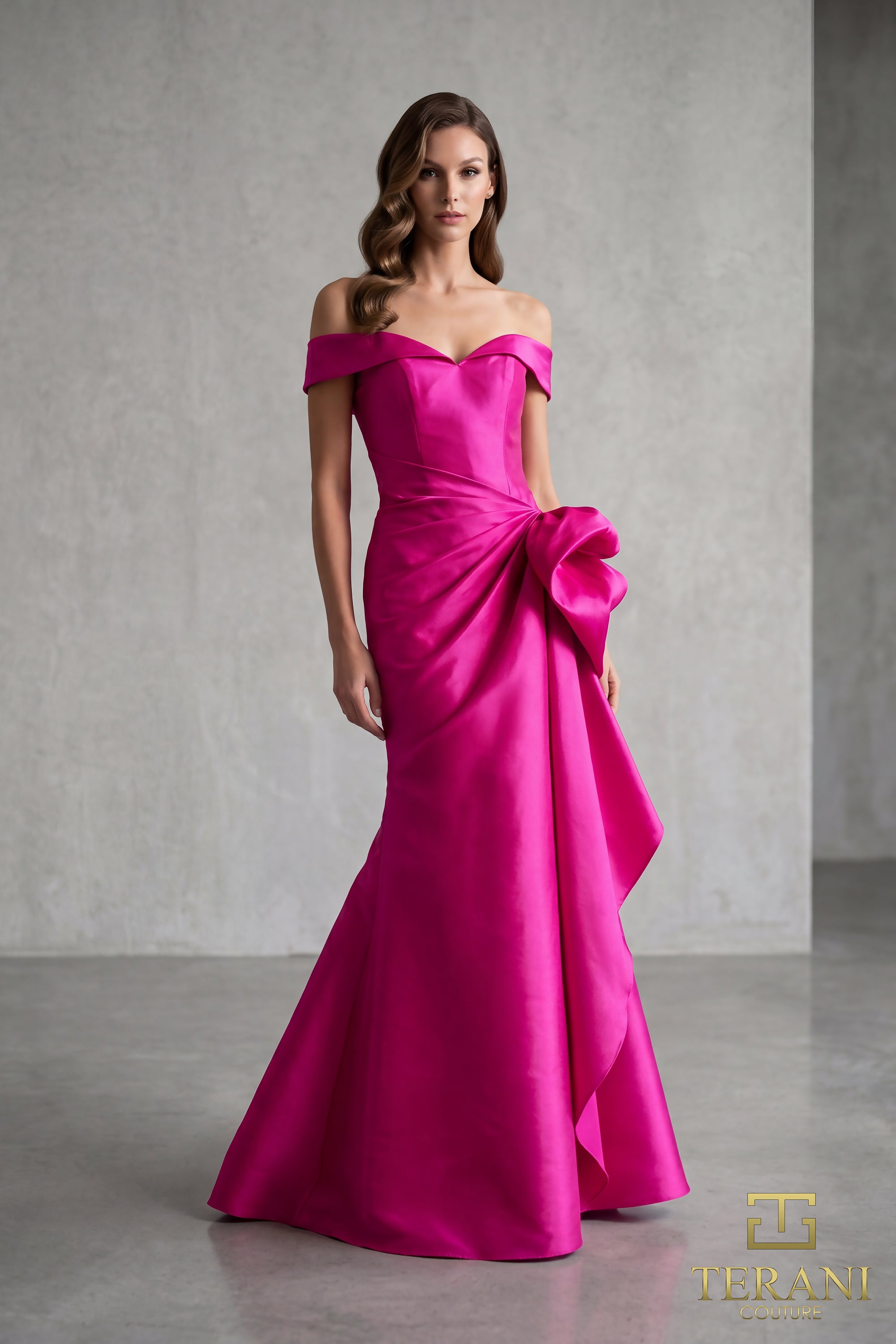 242M3335 Stretch Mikado Off-Shoulder Long Column Dress
