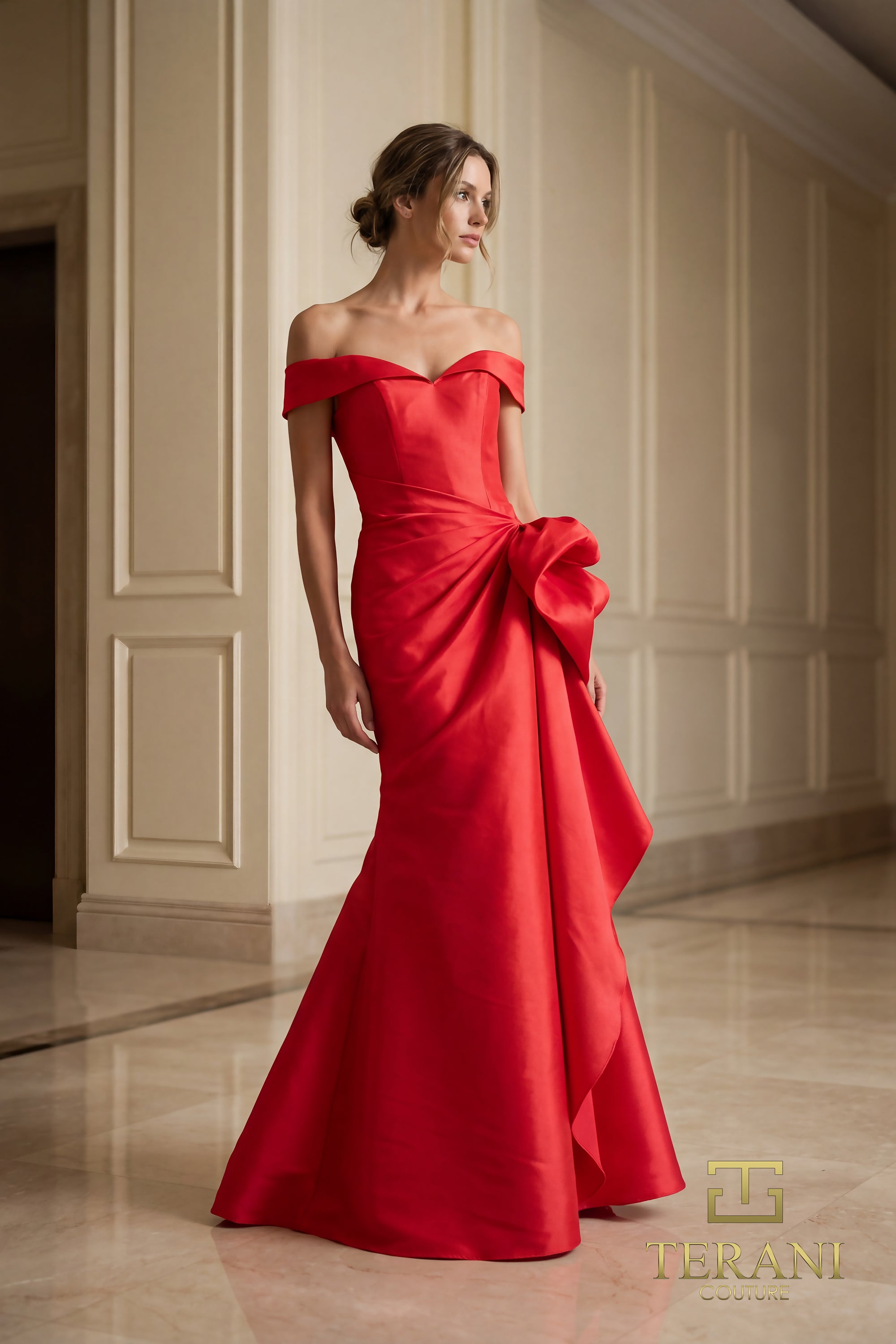 242M3335 Stretch Mikado Off-Shoulder Long Column Dress