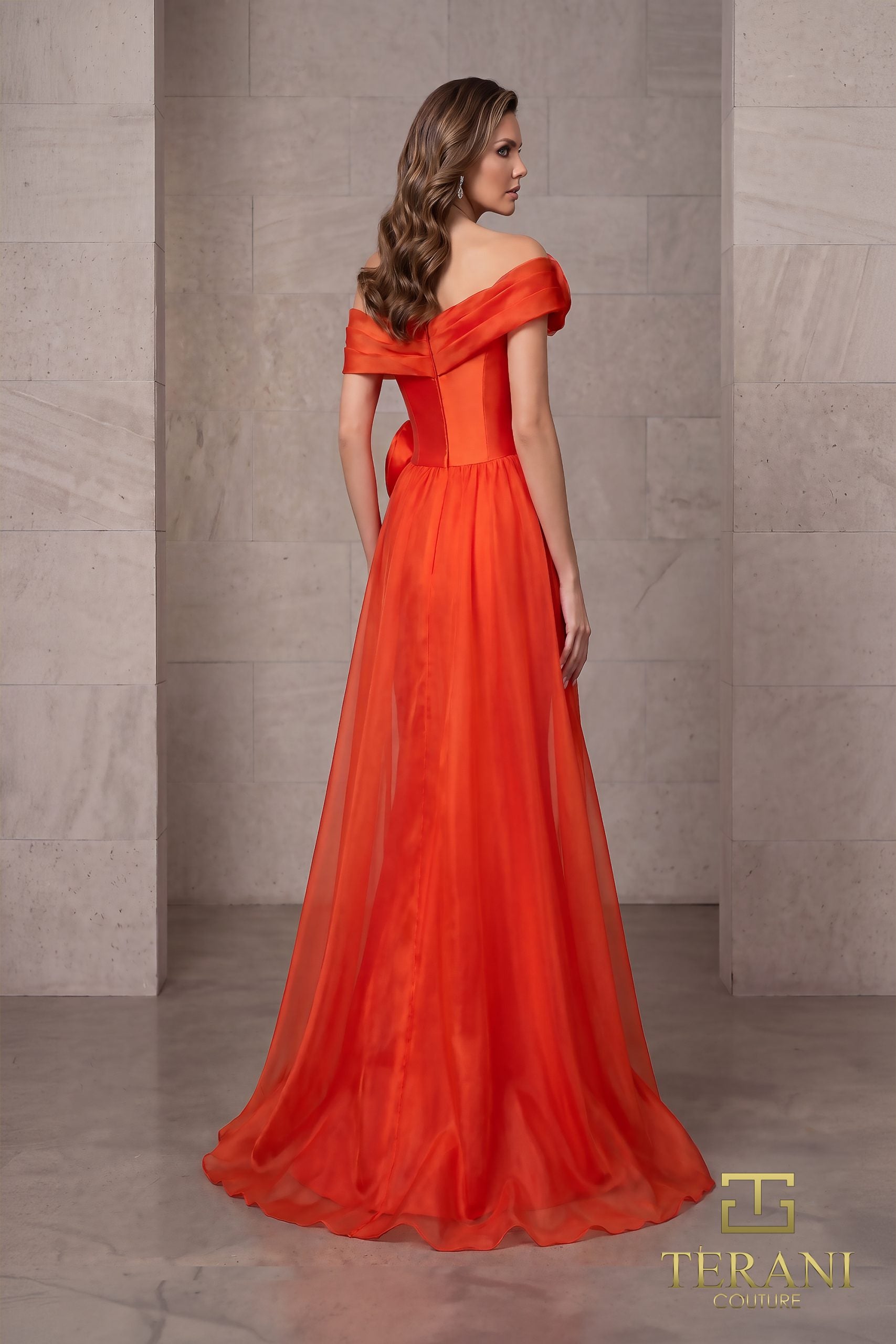 242M3342 Stretch Mikado Off-Shoulder Asymmetrical Slim Dress
