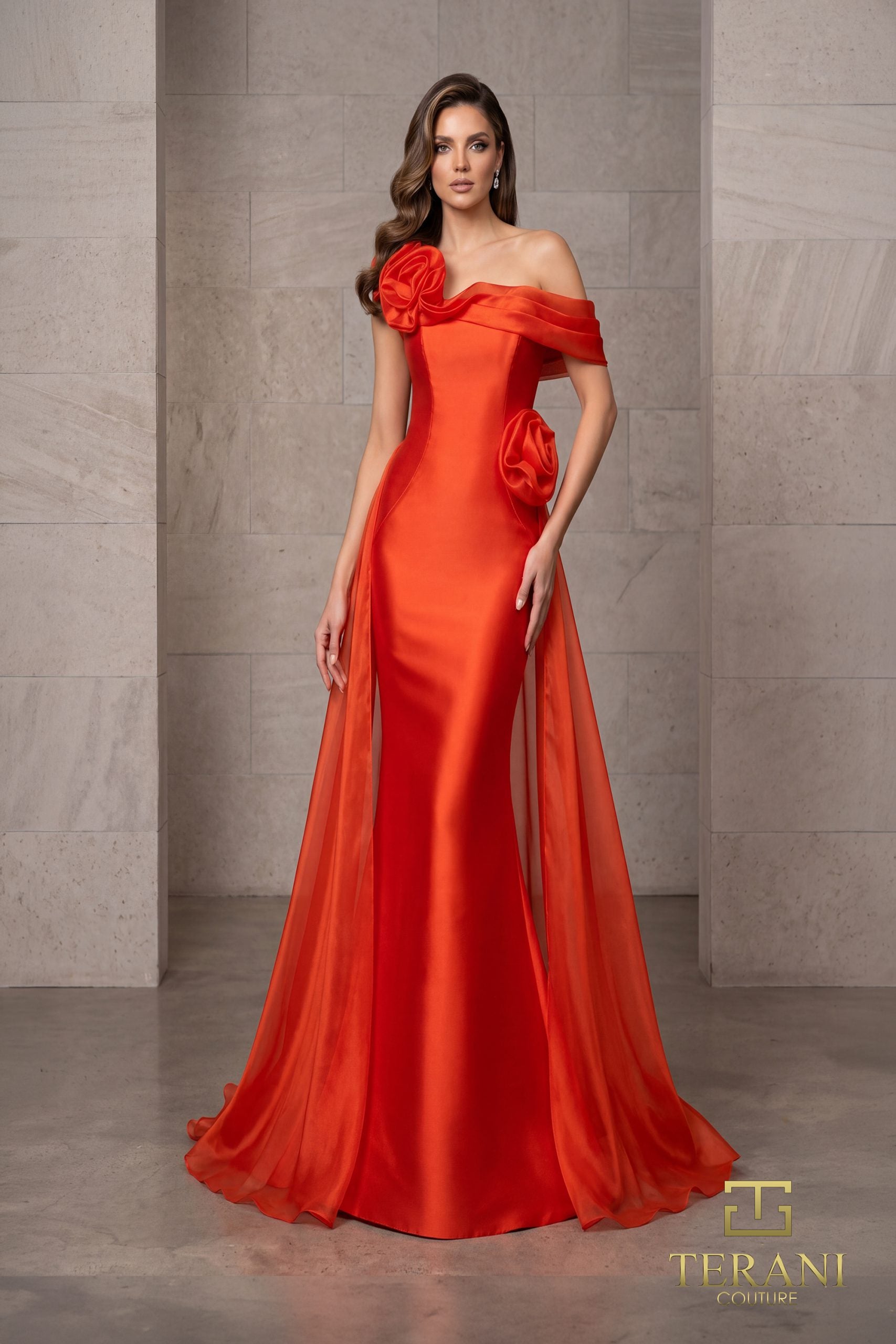 242M3342 Stretch Mikado Off-Shoulder Asymmetrical Slim Dress