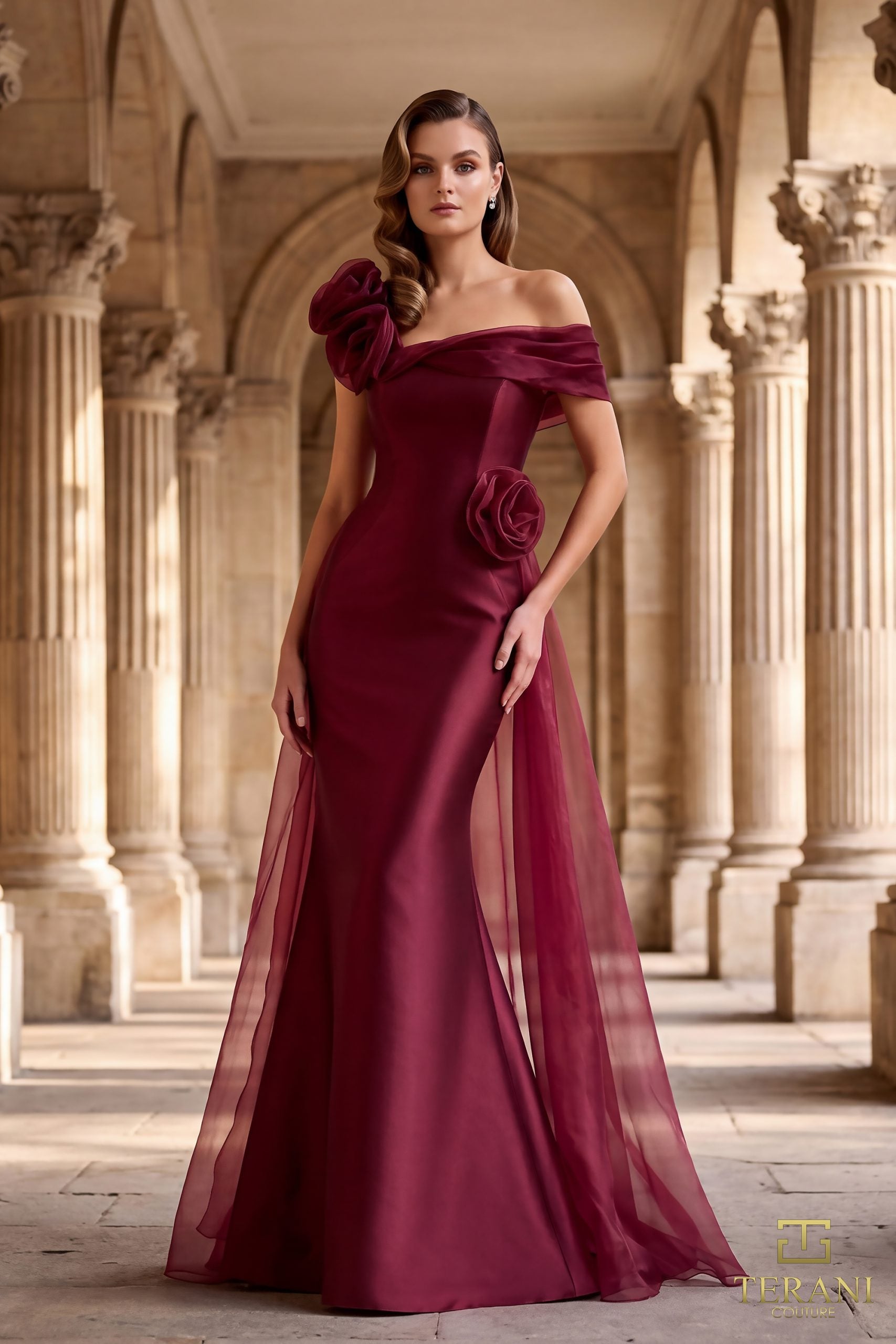 242M3342 Stretch Mikado Off-Shoulder Asymmetrical Slim Dress