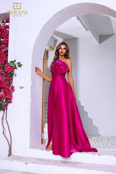251E4051 Asymmetrical  A-line Magenta Shimmer Long Evening Dress
