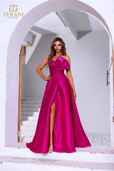 251E4051 Asymmetrical  A-line Magenta Shimmer Long Evening Dress