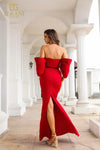 251E4204 Matte Satin Off-Shoulder Back Slit Sheath Dress