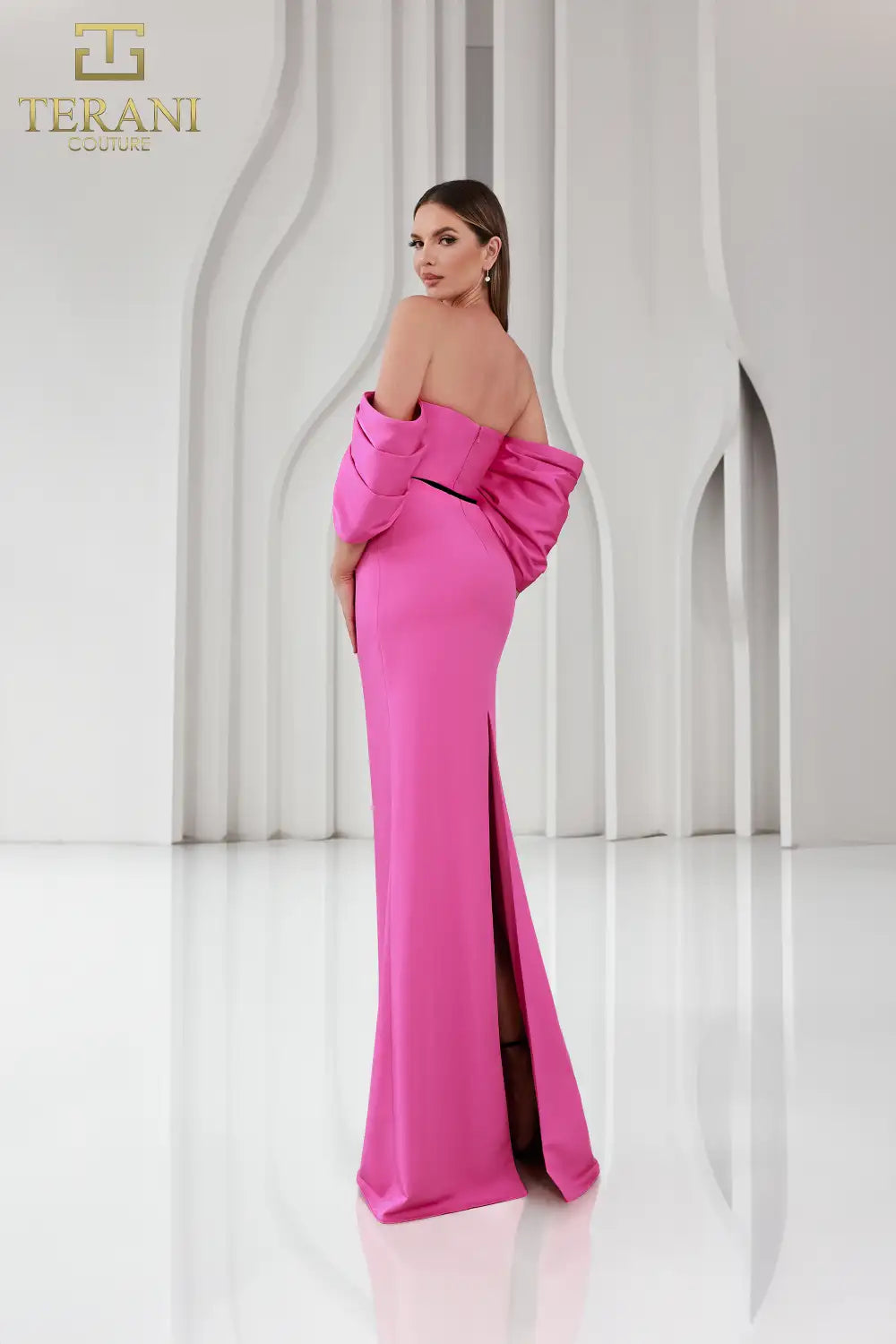 251E4204 Matte Satin Off-Shoulder Back Slit Sheath Dress