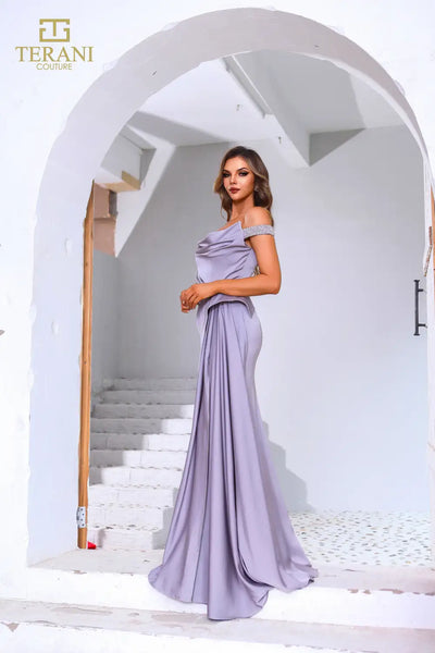 251E4220 Off Shoulder Matte Satin Column Evening Dress