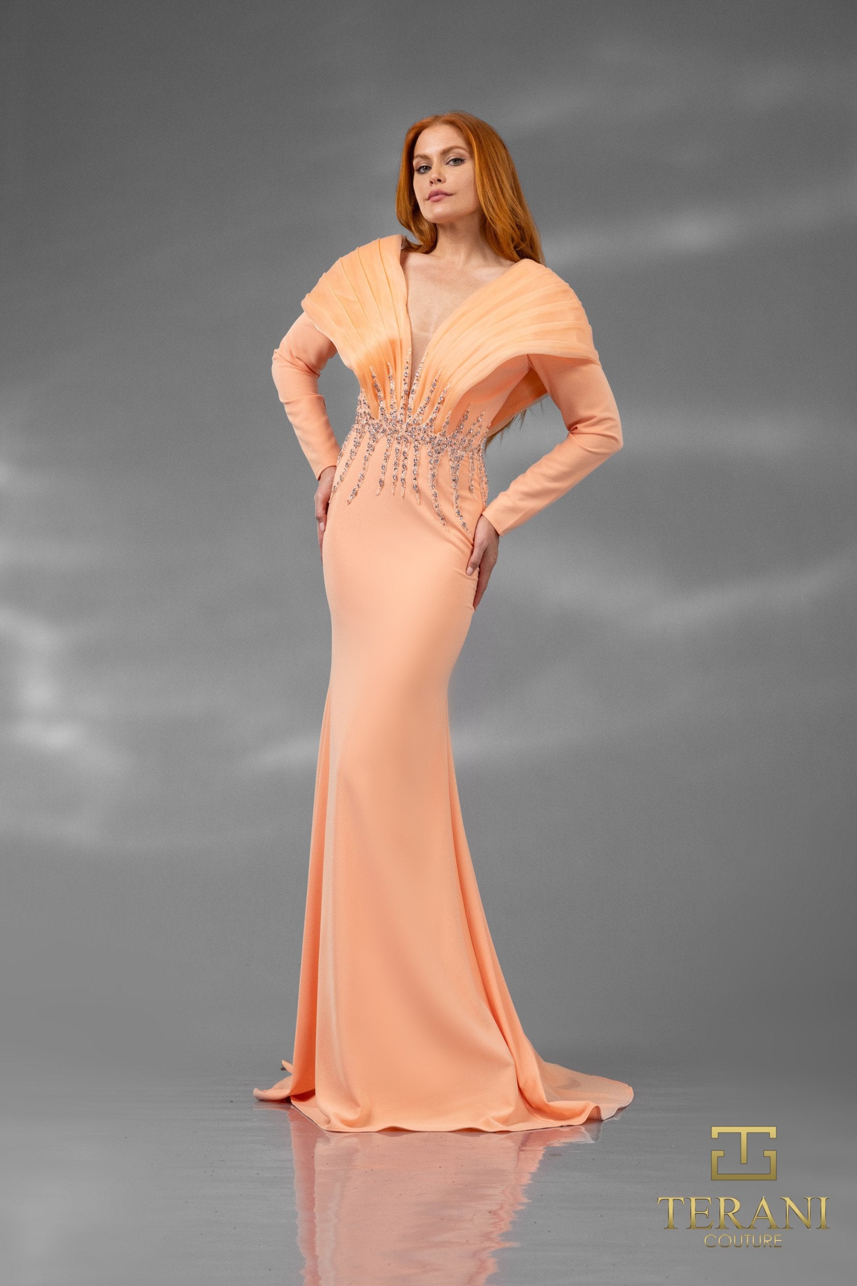 251E4222 V-neck Long Sleeves Fit And Flare Evening Dress