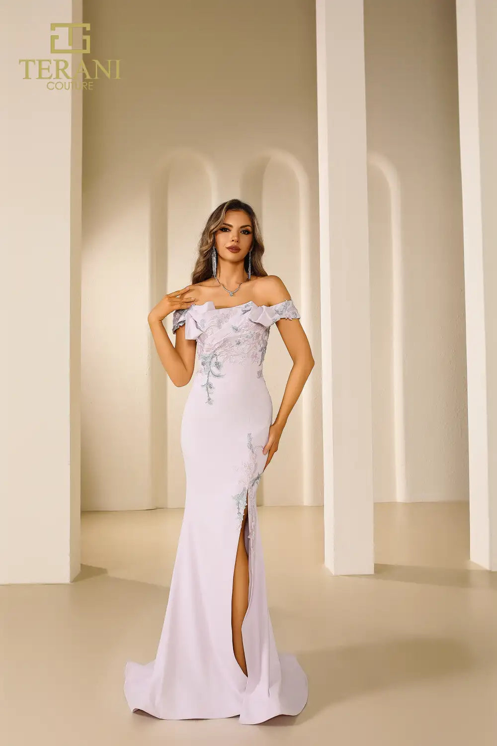 251E4237 Stretch Tafetta Fit And Flare Long Evening Dress