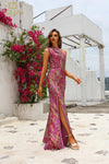 251E4254 Lava Jacuard Asymmetrical Long Sheath Dress