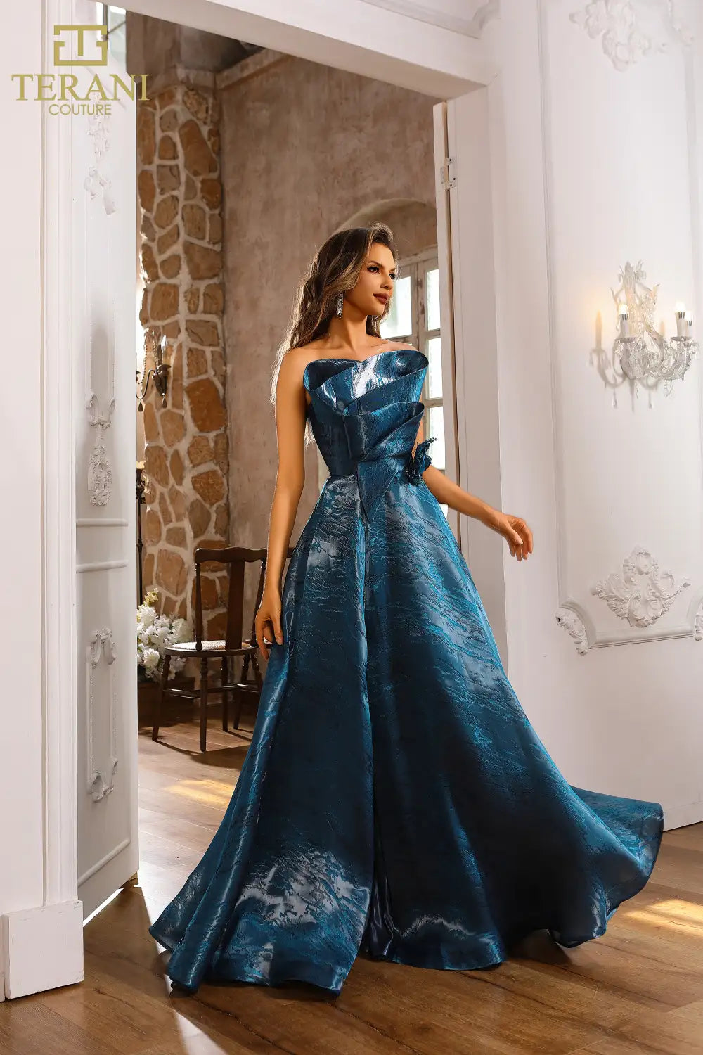 251E4287 Shimmer Burnout A-Line Sleeveless Blue Evening Dress