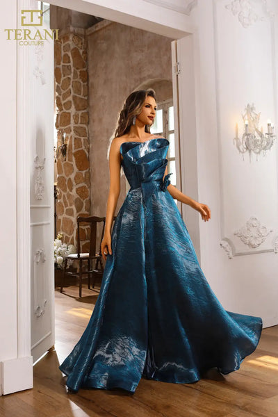 251E4287 Shimmer Burnout A-Line Sleeveless Blue Evening Dress