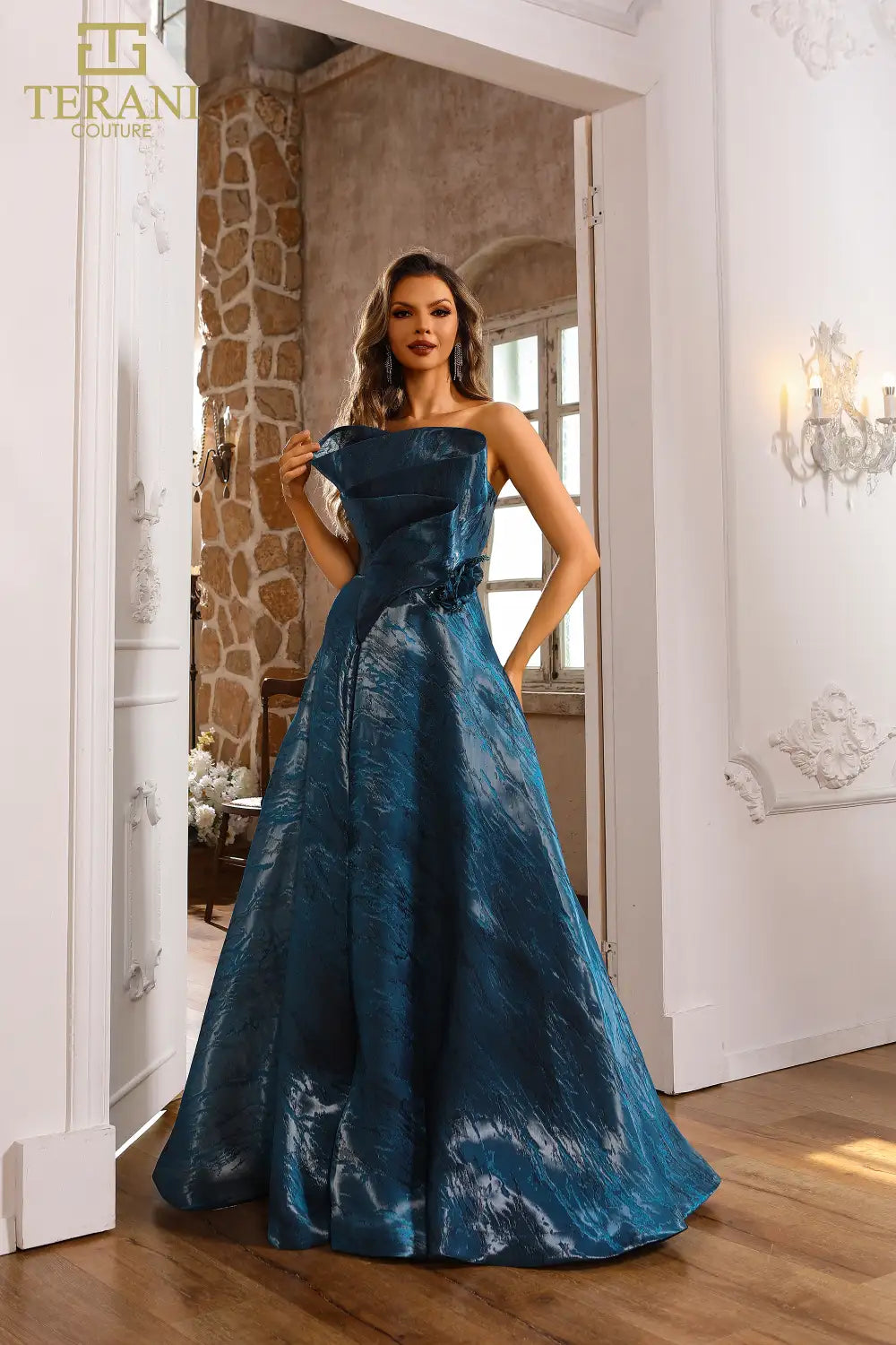 251E4287 Shimmer Burnout A-Line Sleeveless Blue Evening Dress