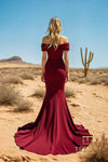 251E4587 Off The Shoulder Fit And Flare Satin Evening Dress