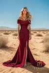 251E4587 Off The Shoulder Fit And Flare Satin Evening Dress