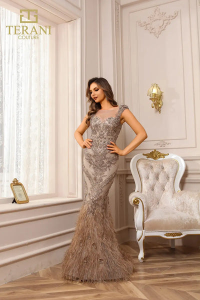 251GL4198 Trumpet Sleeveless Beaded Tulle Long Pageant Dress