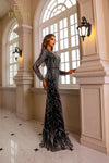 251GL4311 V-neck Full Sleeves Beaded Tulle Bodycon Pageant Dress