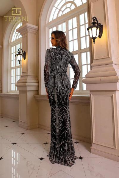 251GL4311 V-neck Full Sleeves Beaded Tulle Bodycon Pageant Dress