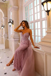 251GL4312 Sleeveless Beaded Tulle Bodycon Long Blush Dress