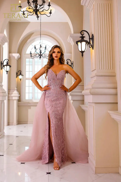 251GL4312 Sleeveless Beaded Tulle Bodycon Long Blush Dress