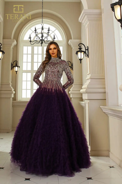 251GL4318 Round Neck Full Sleeves Beaded Tulle Ballgown Dress