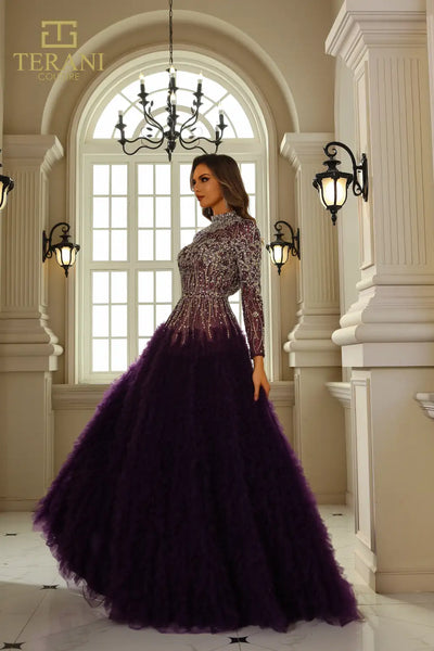 251GL4318 Round Neck Full Sleeves Beaded Tulle Ballgown Dress