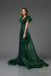 251GL4357 V-neck Puff Sleeves Beaded Tulle Sheath Pageant Dress