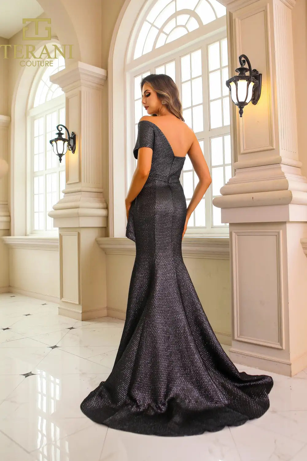 251M4401 Asymmetrical Sleeveless Jacquard Trumpet Dress