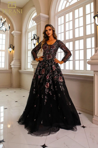 251M4408 Full Sleeves Scoop Neck Beaded Tulle Ballgown Dress
